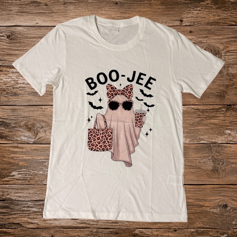 Boo-Jee Ghost Graphic Tee Beige Leopard Halloween Spooky White S